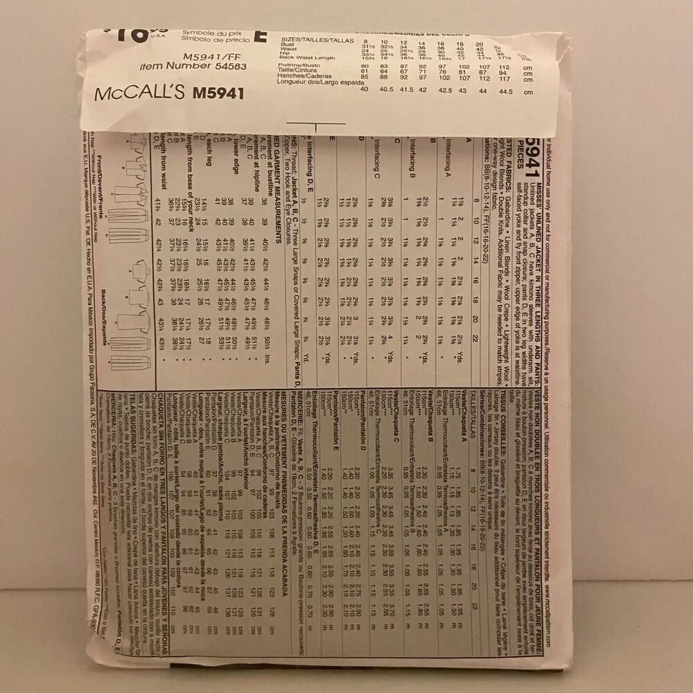 #M5941 McCalls Misses Unlined Jacket and Pants Sewing Pattern Size 16-22